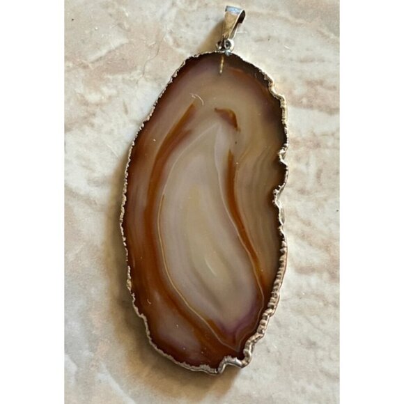 Polished Natural Agate Geode Slab Slice Beige Brown Quartz Crystal Stone Pendant - Picture 2 of 7